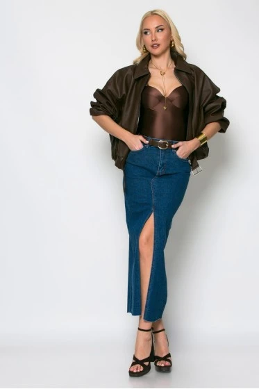 Leather bomber jacket καφέ