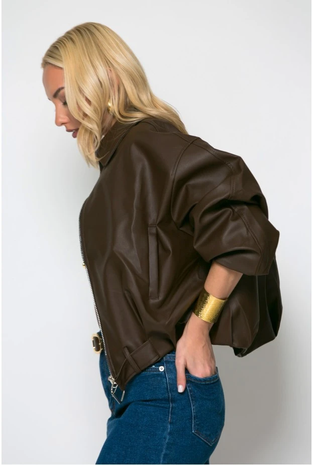 Leather bomber jacket καφέ