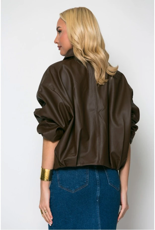 Leather bomber jacket καφέ