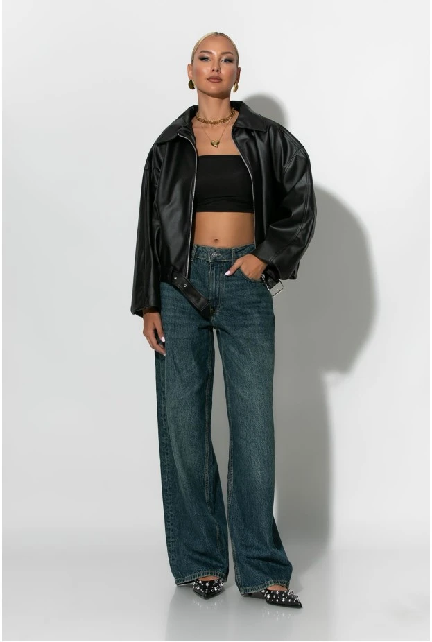 Leather bomber jacket μαύρο