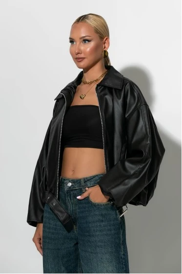 Leather bomber jacket μαύρο