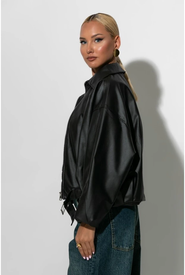 Leather bomber jacket μαύρο