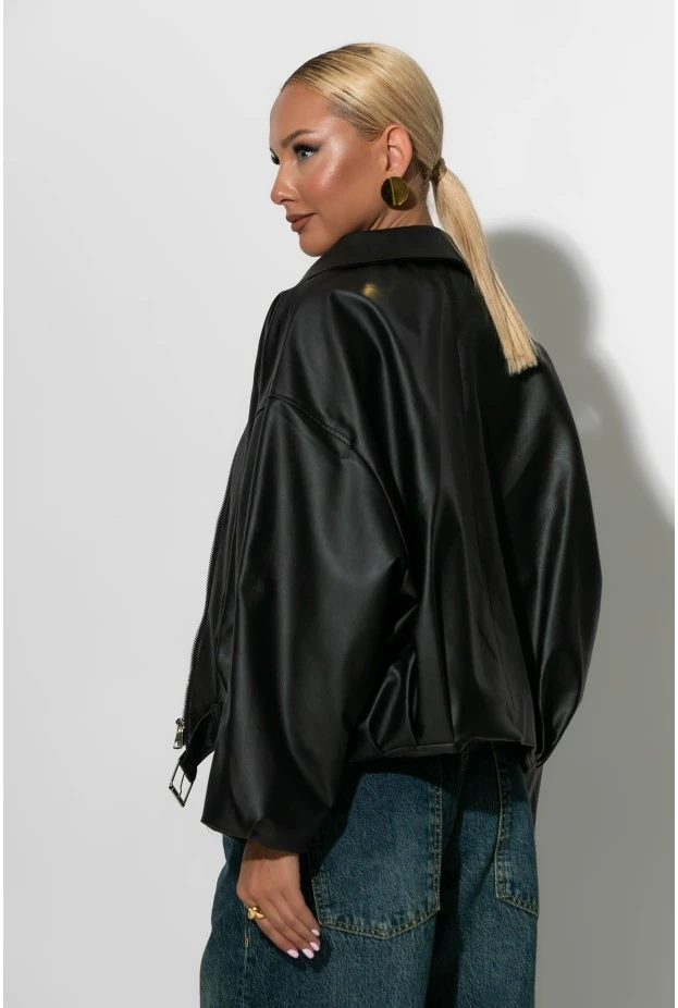 Leather bomber jacket μαύρο