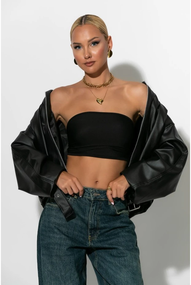 Leather bomber jacket μαύρο