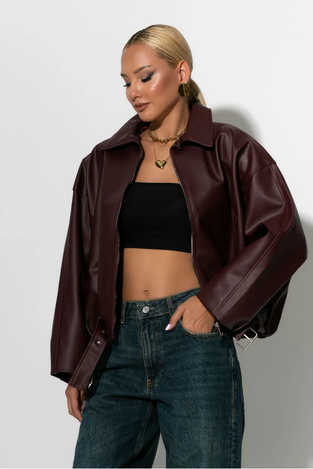 Leather bomber jacket μπορντό Leather bomber jacket μπορντό