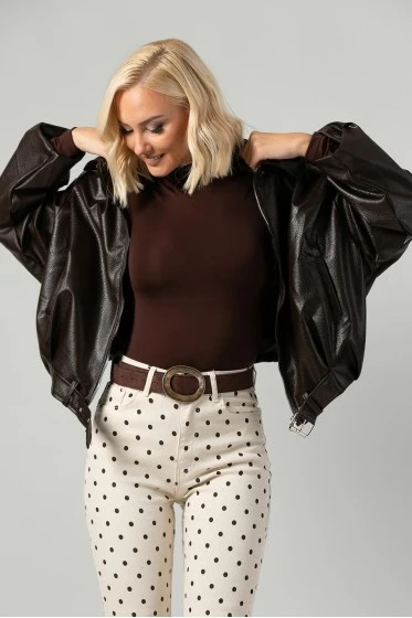 Leather jacket balloon με ζωνάκι μαύρο