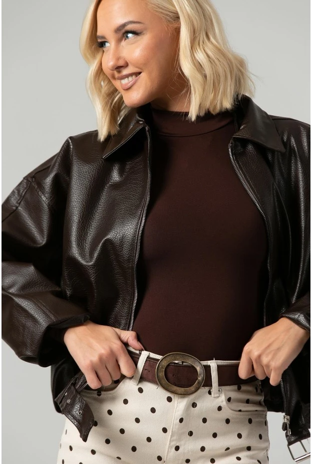 Leather jacket balloon με ζωνάκι καφέ