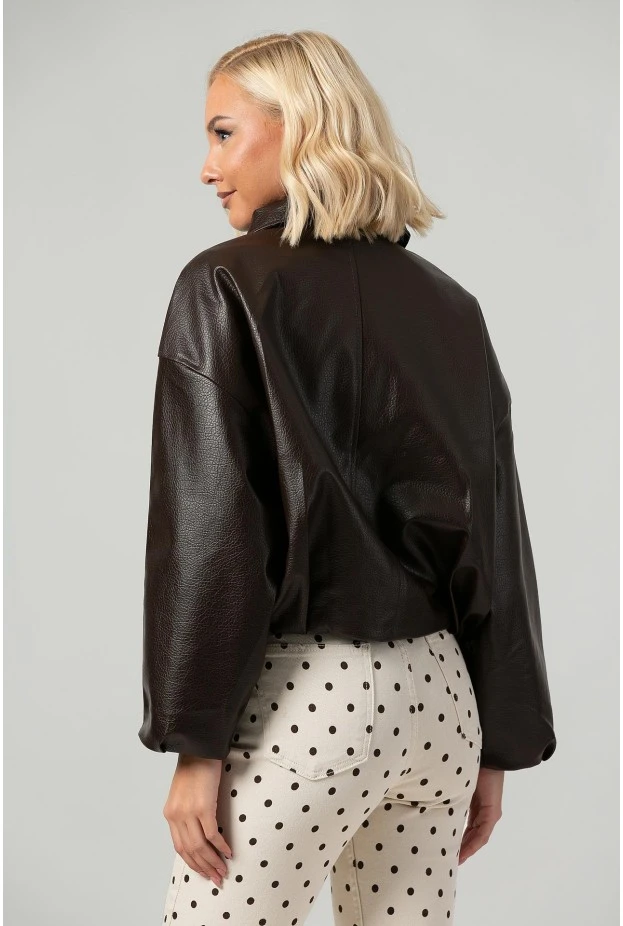 Leather jacket balloon με ζωνάκι καφέ