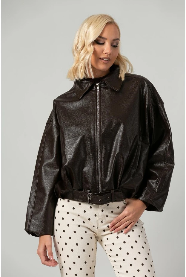 Leather jacket balloon με ζωνάκι καφέ
