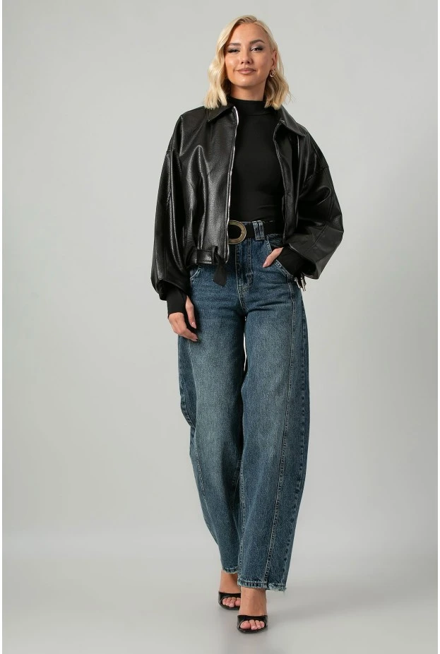Leather jacket balloon με ζωνάκι μαύρο