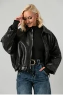 Leather jacket balloon με ζωνάκι μαύρο