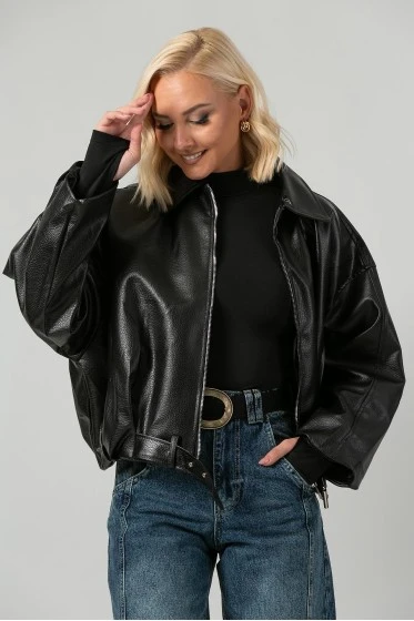 Leather jacket balloon με ζωνάκι μαύρο