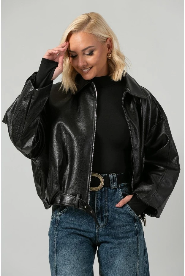 Leather jacket balloon με ζωνάκι μαύρο