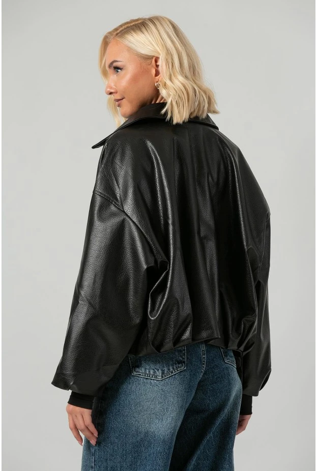 Leather jacket balloon με ζωνάκι μαύρο