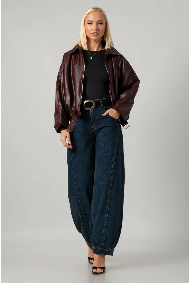 Leather jacket balloon με ζωνάκι μπορντό