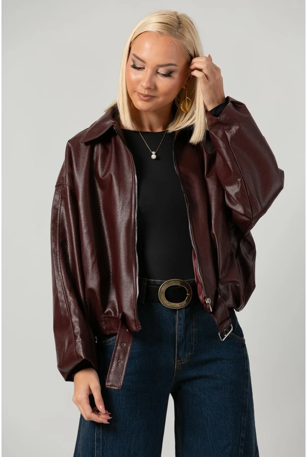 Leather jacket balloon με ζωνάκι μπορντό