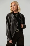 Leather jacket με ψηλό λαιμό και λάστιχο καφέ