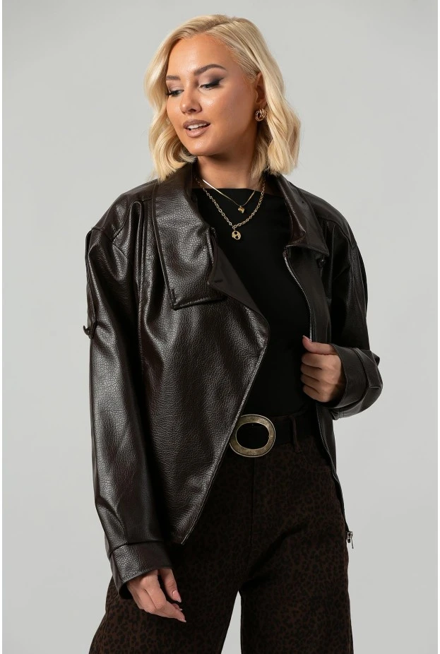 Leather jacket με ψηλό λαιμό και λάστιχο καφέ
