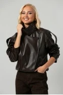Leather jacket με ψηλό λαιμό και λάστιχο καφέ