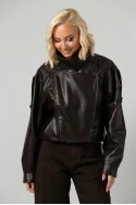 Leather jacket με ψηλό λαιμό και λάστιχο καφέ