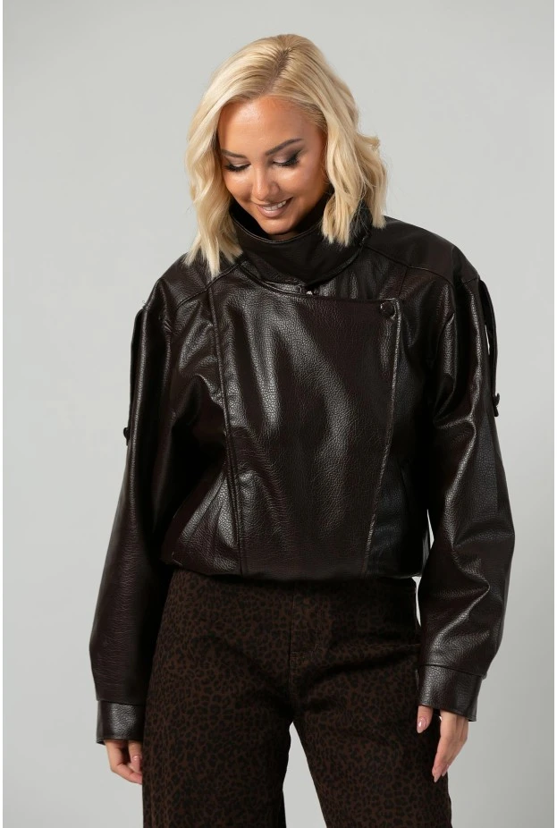 Leather jacket με ψηλό λαιμό και λάστιχο καφέ
