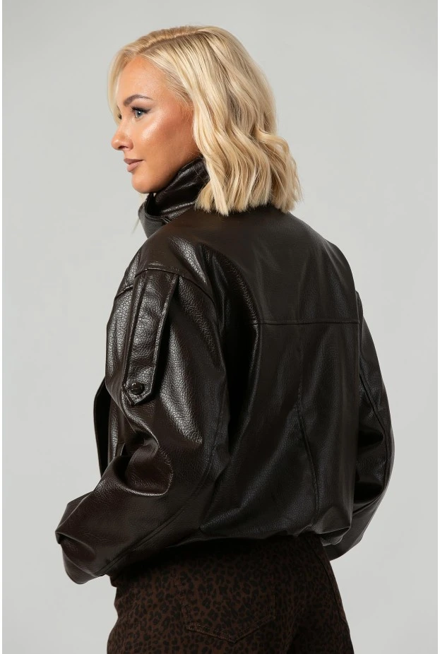 Leather jacket με ψηλό λαιμό και λάστιχο καφέ