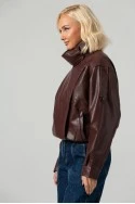Leather jacket με ψηλό λαιμό και λάστιχο μπορντό