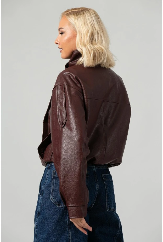 Leather jacket με ψηλό λαιμό και λάστιχο μπορντό