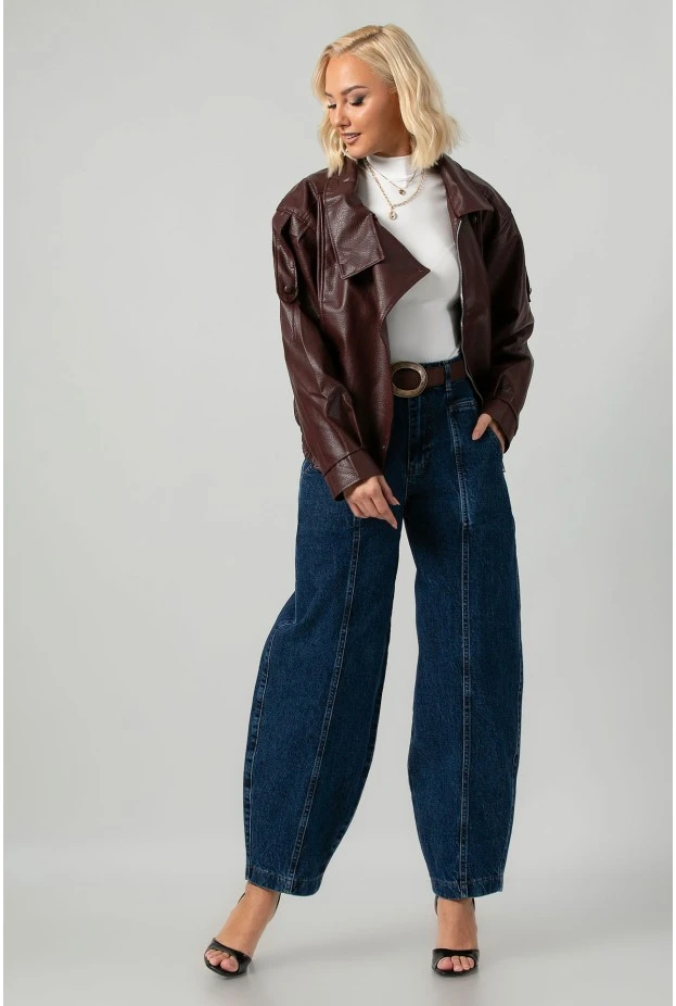 Leather jacket με ψηλό λαιμό και λάστιχο μπορντό