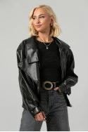 Leather jacket με ψηλό λαιμό και λάστιχο μαύρο