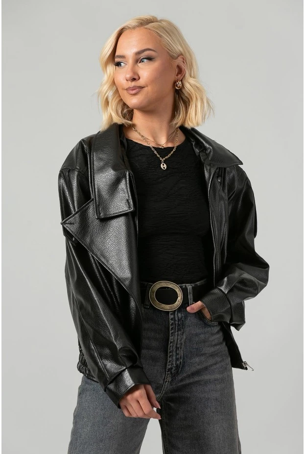 Leather jacket με ψηλό λαιμό και λάστιχο μαύρο