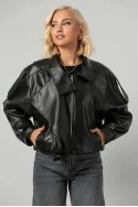 Leather jacket με ψηλό λαιμό και λάστιχο μαύρο