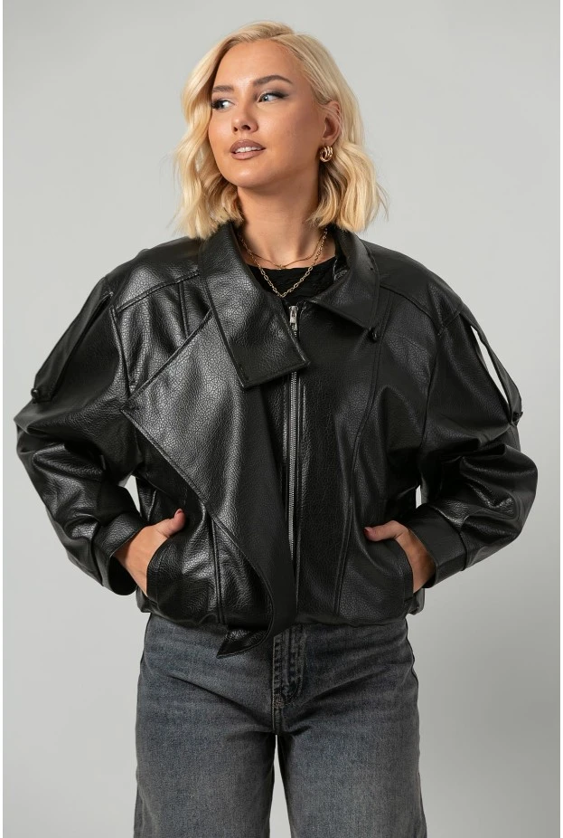 Leather jacket με ψηλό λαιμό και λάστιχο μαύρο