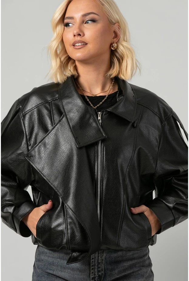 Leather jacket με ψηλό λαιμό και λάστιχο μαύρο