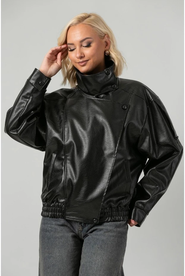 Leather jacket με ψηλό λαιμό και λάστιχο μαύρο