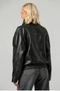 Leather jacket με ψηλό λαιμό και λάστιχο μαύρο