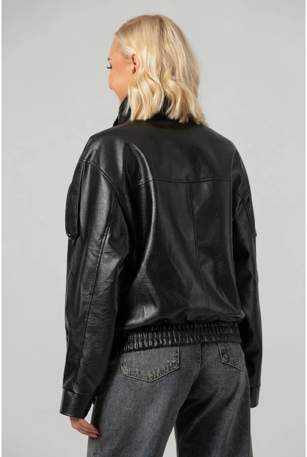 Leather jacket με ψηλό λαιμό και λάστιχο μαύρο