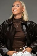 Leather jacket bomber με λάστιχο και ζωνάκι καφέ