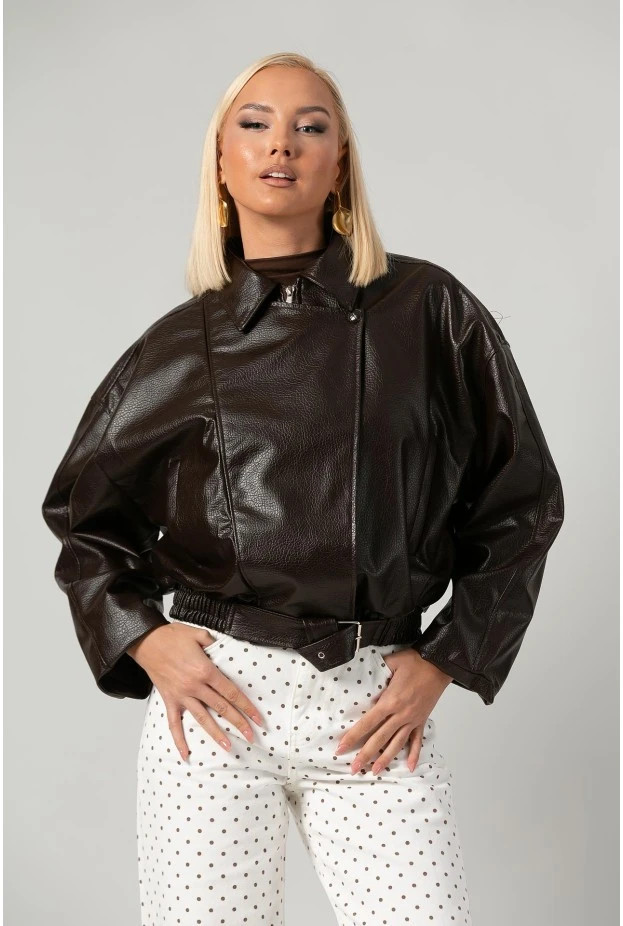Leather jacket bomber με λάστιχο και ζωνάκι καφέ