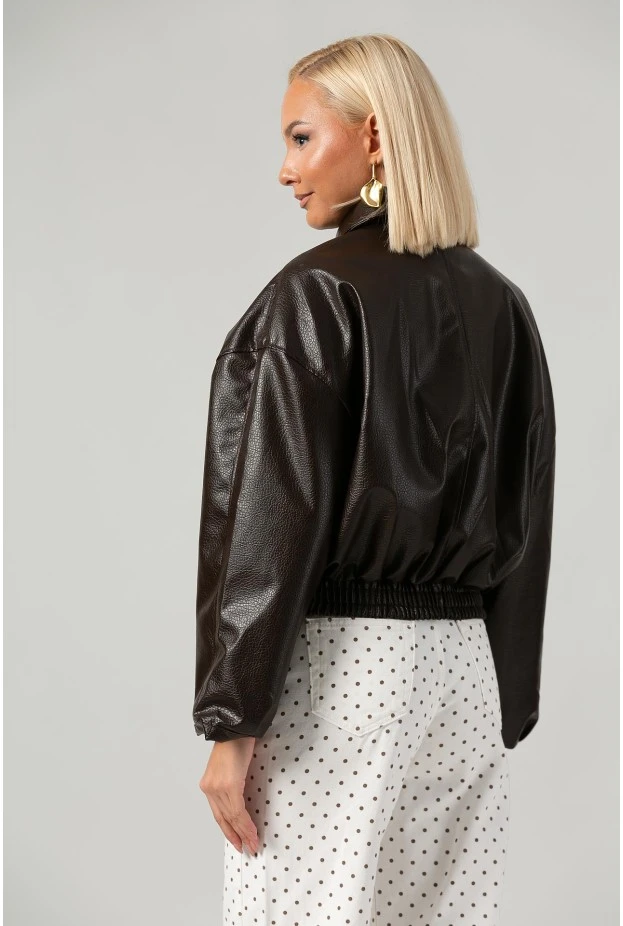 Leather jacket bomber με λάστιχο και ζωνάκι καφέ
