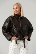 Leather jacket bomber με λάστιχο και ζωνάκι καφέ