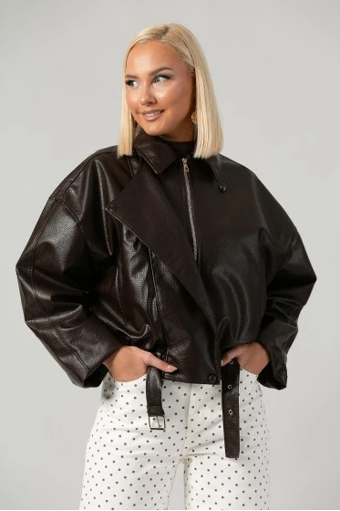 Leather jacket bomber με λάστιχο και ζωνάκι μπορντό