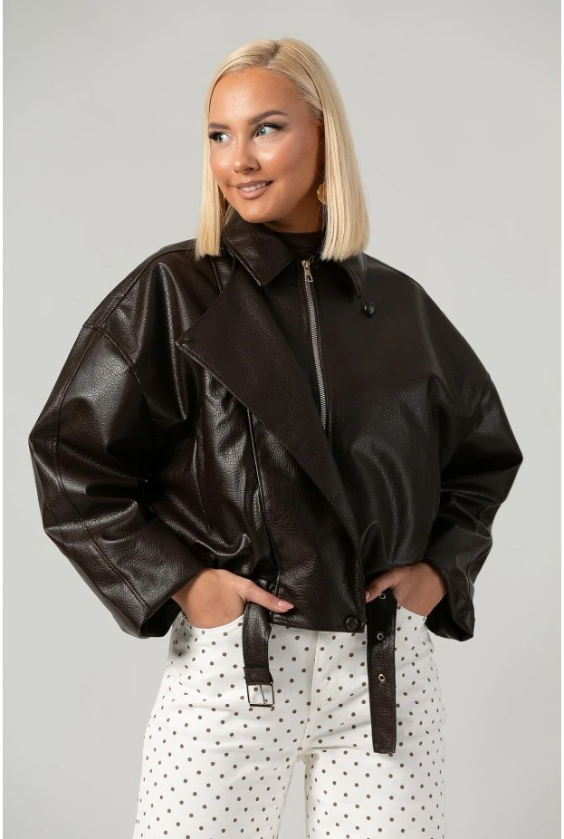 Leather jacket bomber με λάστιχο και ζωνάκι καφέ