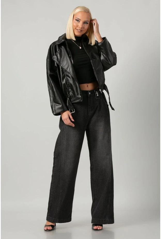 Leather jacket bomber με λάστιχο και ζωνάκι μαύρο