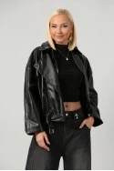 Leather jacket bomber με λάστιχο και ζωνάκι μαύρο