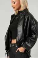 Leather jacket bomber με λάστιχο και ζωνάκι μαύρο