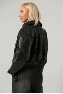 Leather jacket bomber με λάστιχο και ζωνάκι μαύρο
