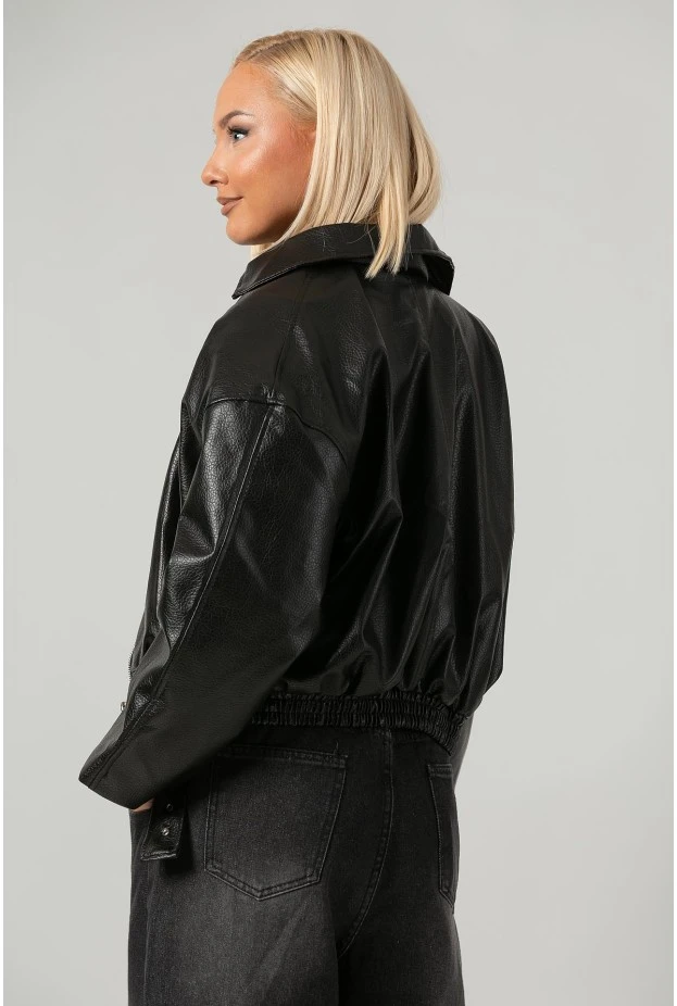 Leather jacket bomber με λάστιχο και ζωνάκι μαύρο