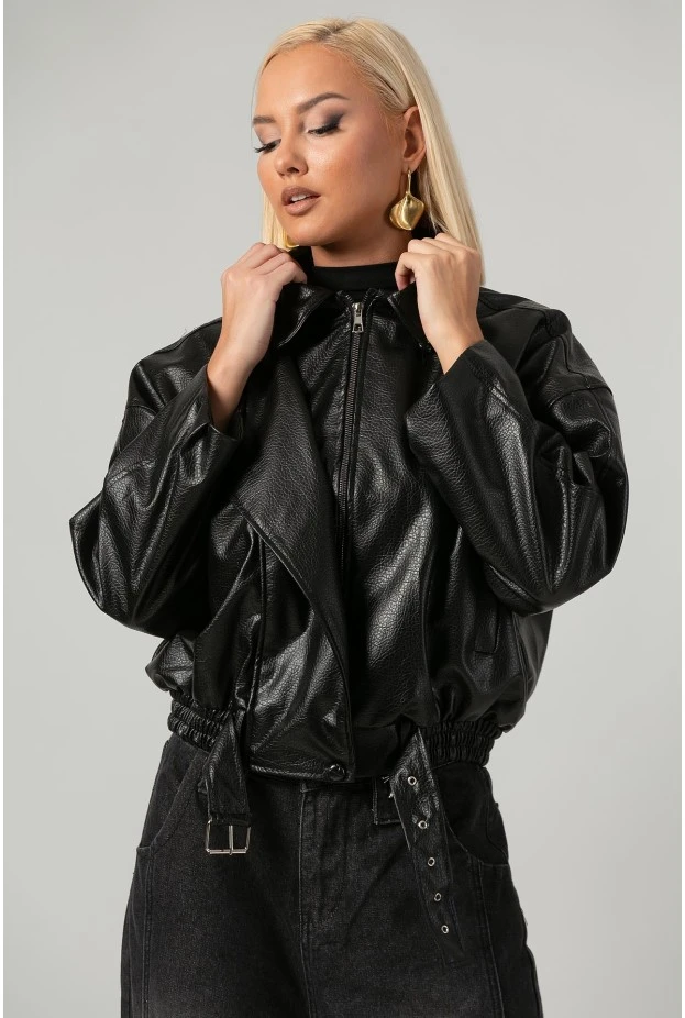 Leather jacket bomber με λάστιχο και ζωνάκι μαύρο
