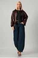 Leather jacket bomber με λάστιχο και ζωνάκι μπορντό
